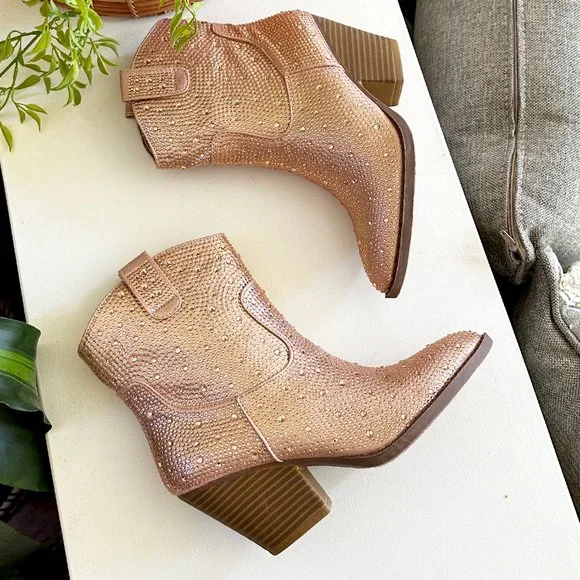 NEW🔥 Rose Gold Rhinestone Cowboy Cowgirl Western Ankle Booties Boots Block Heel - Picture 3 of 7